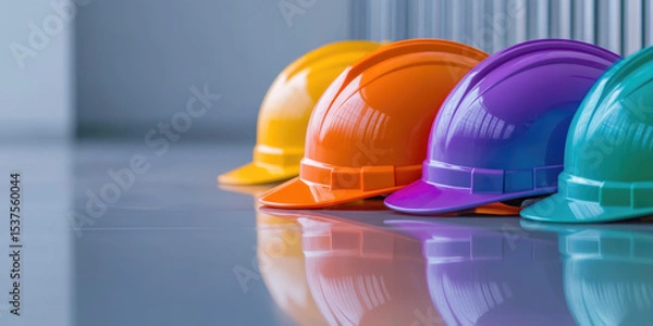 Fototapeta Four colorful hard hats in different shades are lined up on a shiny surface. Safety equipment, colorful design, construction concept