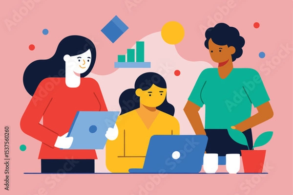 Fototapeta Women collaborating on project using laptop and tablet