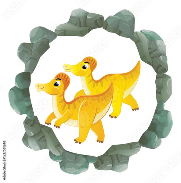Obraz cartoon scene with dinosaur animal dino prehistoric element button illustration for children