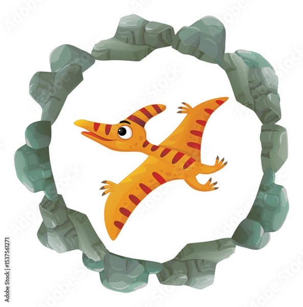 Obraz cartoon scene with dinosaur animal dino prehistoric element button illustration for children