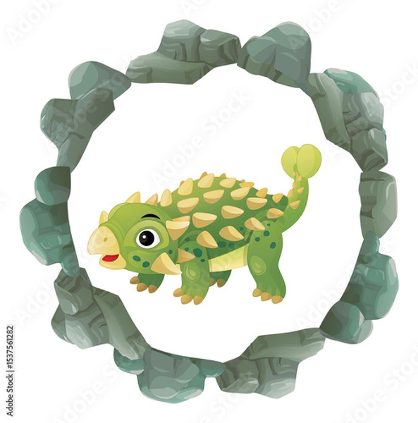 Obraz cartoon scene with dinosaur animal dino prehistoric element button illustration for children