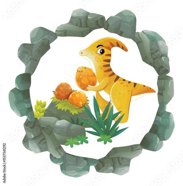 Obraz cartoon scene with dinosaur animal dino prehistoric element button illustration for children