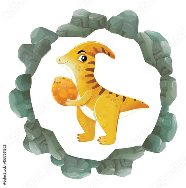 Obraz cartoon scene with dinosaur animal dino prehistoric element button illustration for children