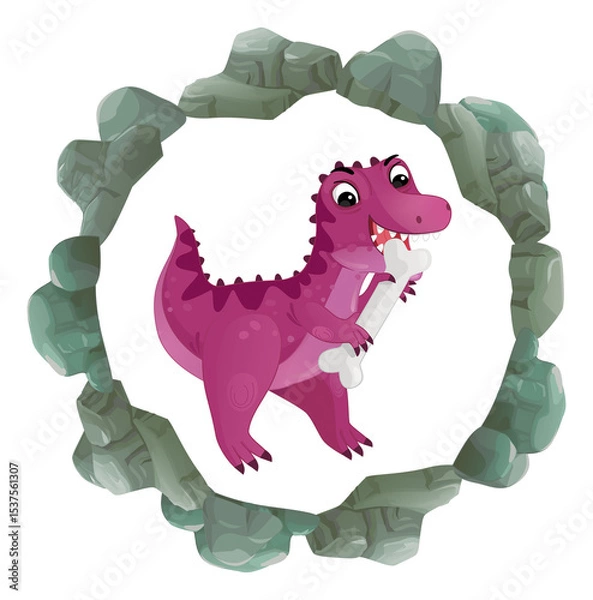 Obraz cartoon scene with dinosaur animal dino prehistoric element button illustration for children