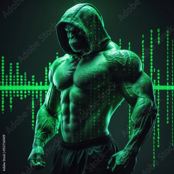 Obraz Futuristic muscular gorilla hacker in green digital hoodie with glowing binary code, cyberpunk primate character in techno-matrix environment