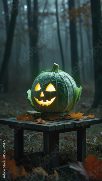 Obraz Glowing jack-o'-lantern carved from cabbage on wooden bench in misty forest, whimsical Halloween scene with autumn leaves and eerie atmosphere