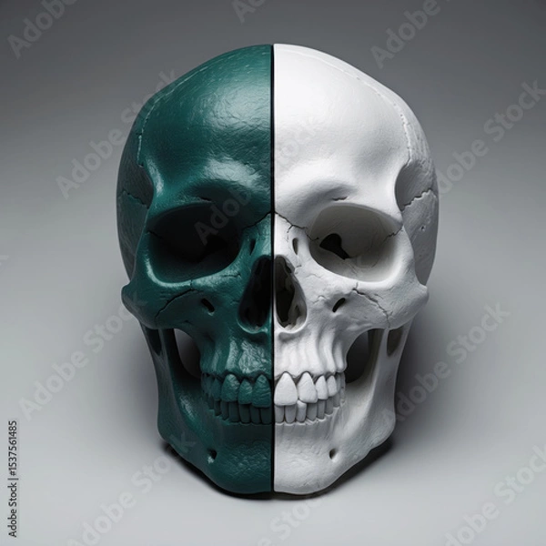 Obraz Split human skull with half painted green and half white, conceptual image symbolising contrast, duality, and life versus death themes