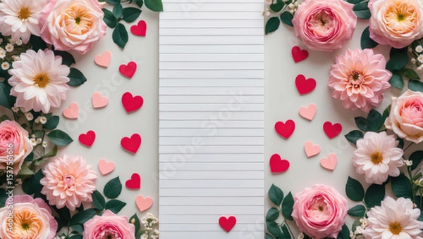 Obraz Romantic floral frame with blank space and paper hearts on white background