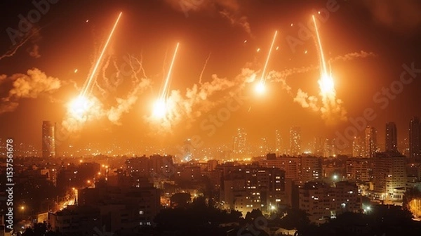 Obraz Iron Dome style anti‑aircraft missile interception at night with flare explosions over urban skyline, vivid contrast, dramatic lighting
