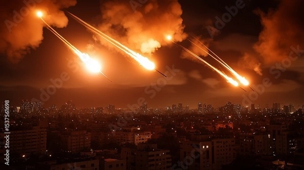 Obraz Iron Dome style anti‑aircraft missile interception at night with flare explosions over urban skyline, vivid contrast, dramatic lighting