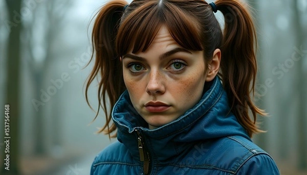 Fototapeta Pretty girl with braids shows off her face covered with numerous freckles while standing in a warm denim jacket in an autumn park