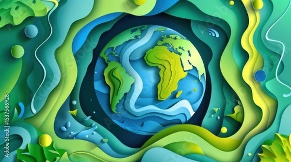 Obraz A depiction of Earth as a unified biosphere, supported by green energy, illustrated in a holistic art style
