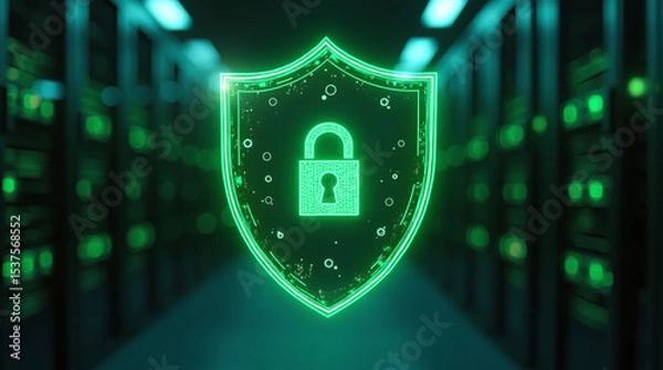 Fototapeta A vibrant glowing chrome  shield symbol with padlock. Illuminated with neon white colors. Digital shield symbolizing security in a green futuristic server room environment