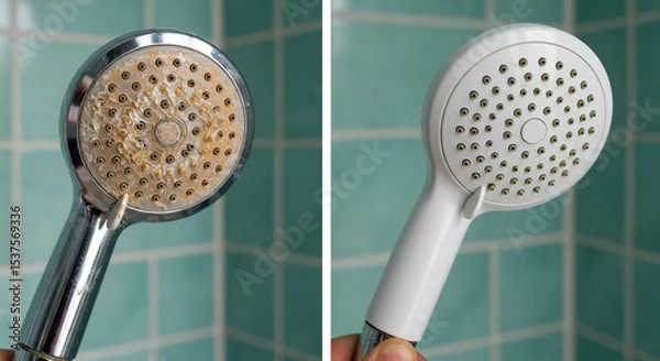 Obraz Shower head cleaning before after comparison calcium buildup removal home improvement water scale