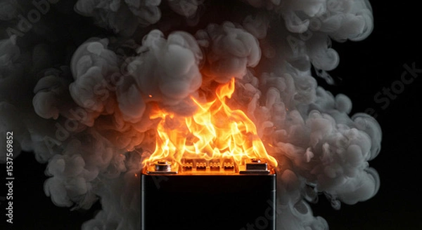 Obraz Battery Fire Incident Danger Flames Lithium Ion Technology Failure Smoke Cloud Explosion Safety