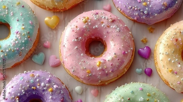 Fototapeta  A diverse array of sprinkled doughnuts in heart shapes, adorned with various colors of frosting on a pristine white background