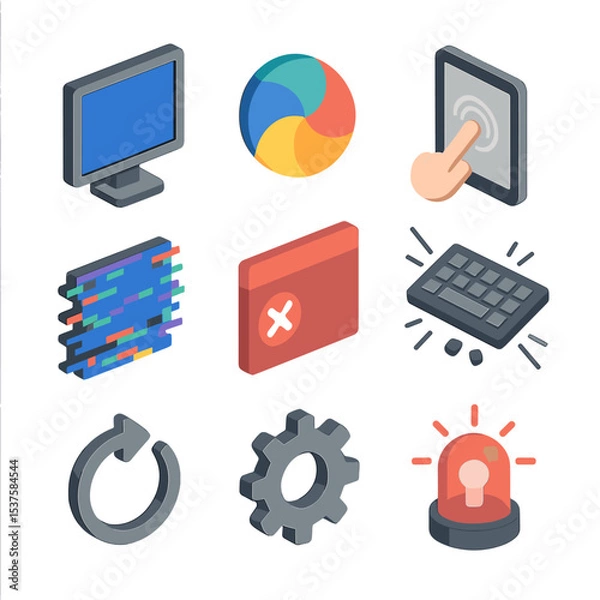 Fototapeta Tech Glitch Icon Set. Isometric Flat icon set of technology glitch frustration: blue screen monitor, spinning beach ball,