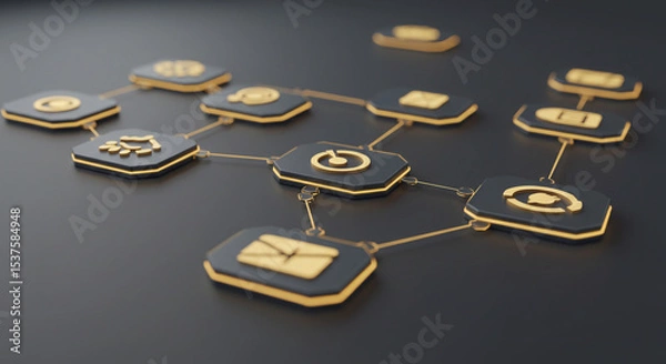 Obraz Network diagram of black and gold icons connected by lines on a dark gray surface background design