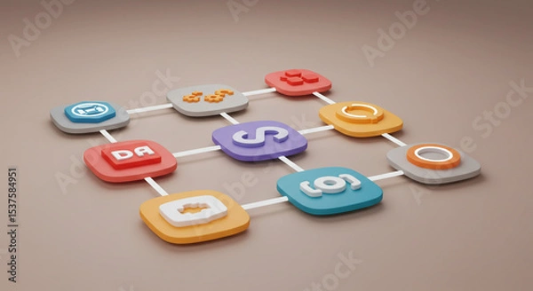 Obraz A network of colorful square icons connected by white lines on a light brown surface in a studio shot