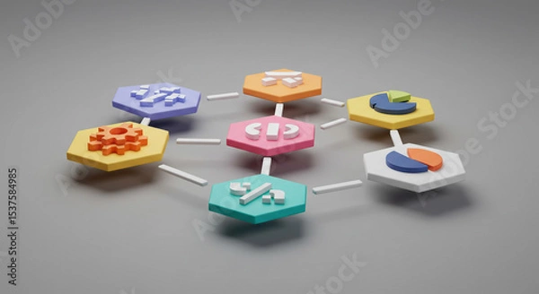 Obraz Isometric view of colorful hexagonal icons connected by white lines on a gray background artwork