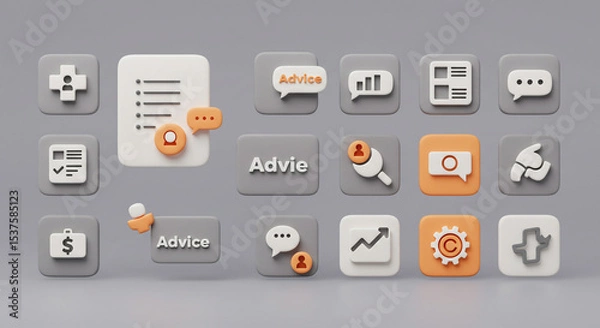 Obraz A collection of stylized icons representing various concepts on a gray background in a rendered style