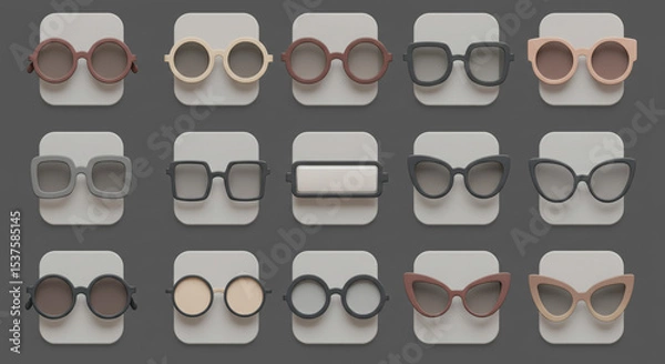 Obraz A collection of fifteen different styles of sunglasses displayed on individual white rounded squares