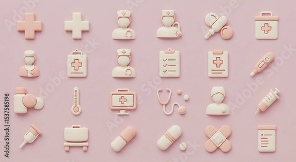 Obraz A pastel pink background featuring medical icons such as crosses, nurses, and medical supplies