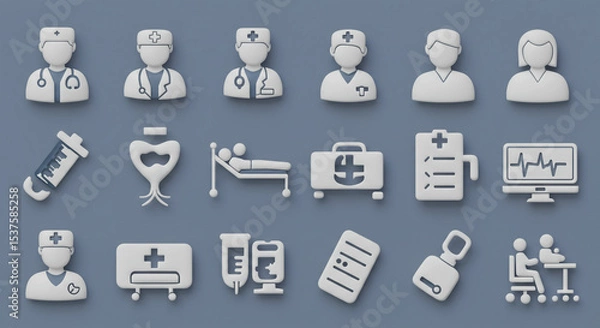 Obraz A collection of medical icons including doctors, equipment, and patient care on a gray background
