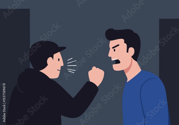 Fototapeta Intense confrontation between two men One man is yelling the other reacting with anger and defensive gesture Dramatic lighting and dark background create a tense atmosphere 