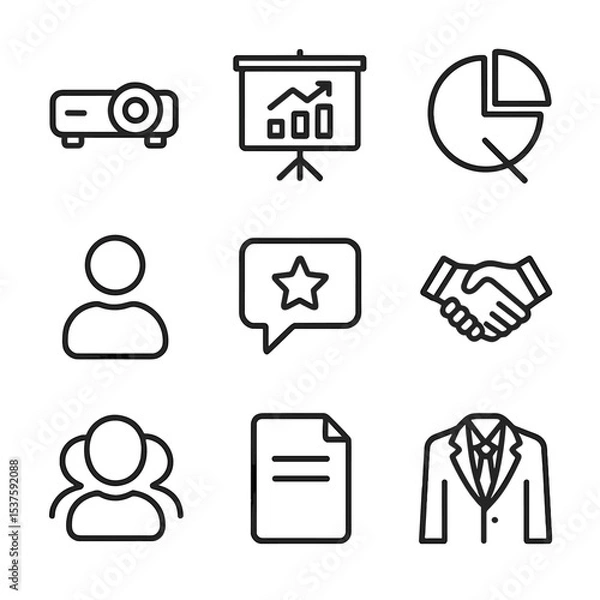 Fototapeta Client Meeting Icons. Outline icon set of client presentation meetings: projector, presentation slide, pie chart, pointer, client