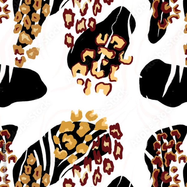 Fototapeta Leopard, zebra and giraffe pattern design. Hand drawn leopard zebra and giraffe pattern design. For textile and print.