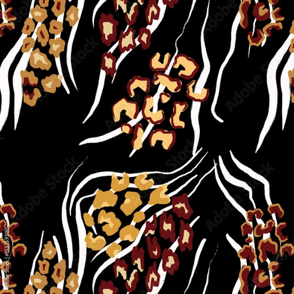 Fototapeta Leopard, zebra and giraffe pattern design. Hand drawn leopard zebra and giraffe pattern design. For textile and print.
