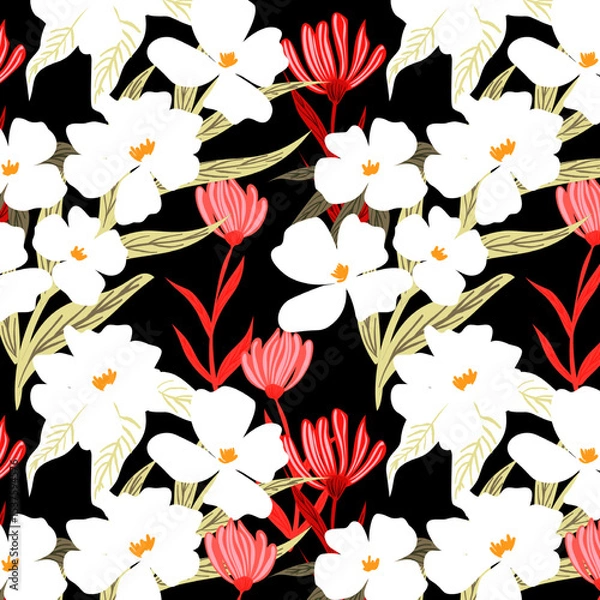Fototapeta Seamless flower pattern. Abstract pattern. Textile print pattern. Black background.