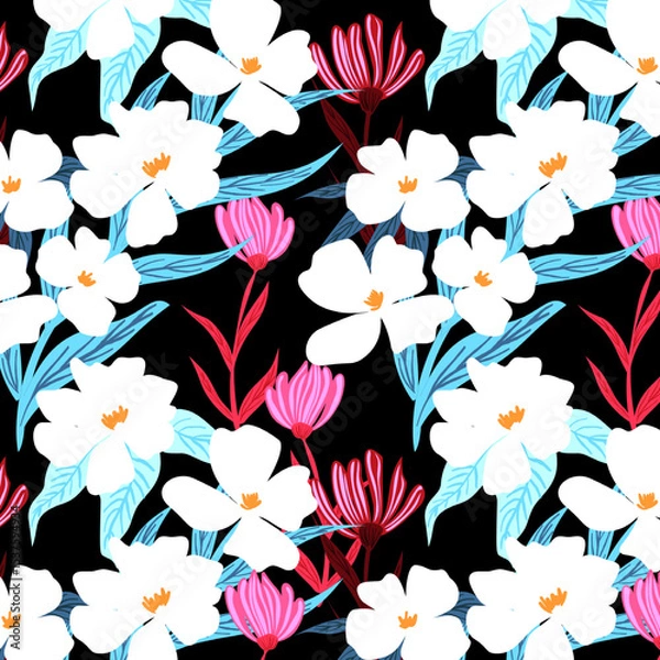 Fototapeta Seamless flower pattern. Abstract pattern. Textile print pattern. Black background.