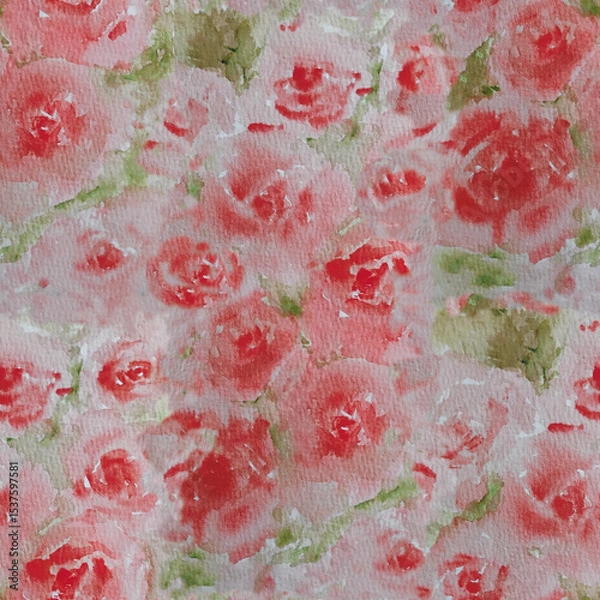 Fototapeta Seamless pattern created from a gestural watercolor painting of red roses and green vegetation