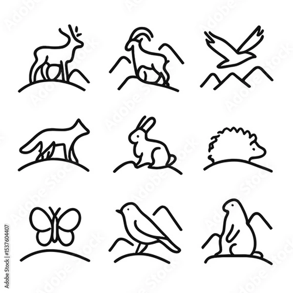 Fototapeta Wildlife Outline Icons. Outline icon set of wildlife on hills: deer silhouette, mountain goat, eagle in flight, fox, rabbit,