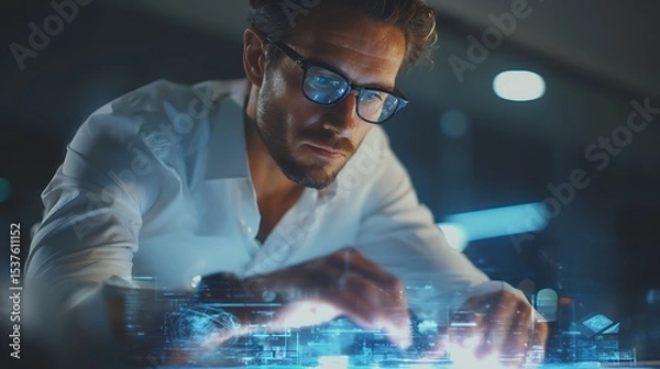 Fototapeta Man Works with Futuristic Technology Interface