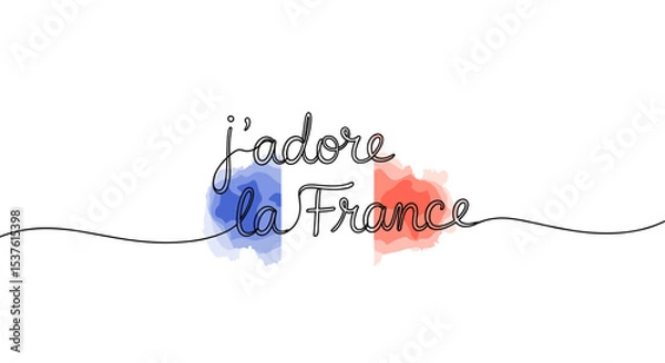Obraz J'adore la France - text One line illustration on a watercolor spot in the colors of the French flag, vector design