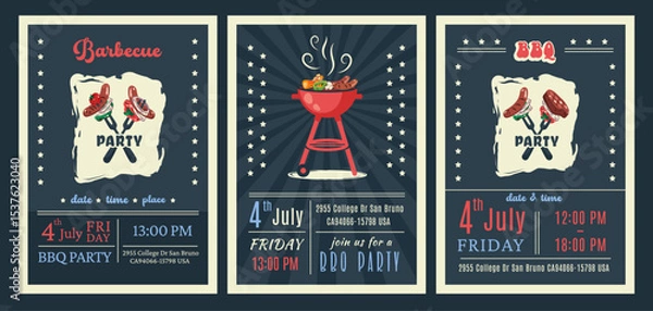 Fototapeta BBQ party. American 4th of July Celebration. Set of Set of barbecue invitation. Holiday card, poster, banner, flyer template for bbq picnic. Vector illustration with brazier, steaks, vegetables