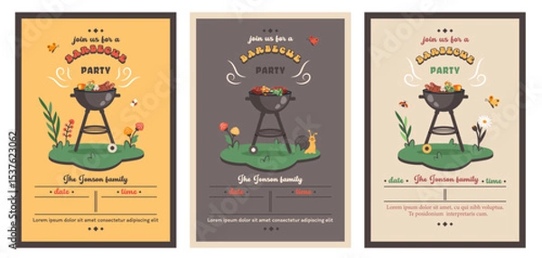 Fototapeta Barbecue party. Summer picnic. Set of BBQ card in retro style. Summer barbecue picnic. Bbq background with grill, steaks, meat food, vegetables, cutlery, text. Vector cartoon illustration
