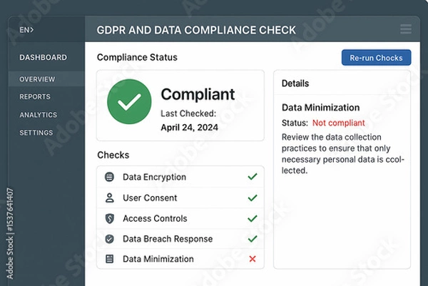 Obraz Cyber Security Solutions. GDPR compliance dashboard showing data encryption, user consent, access controls, and breach response checks, with data minimization marked non-compliant.