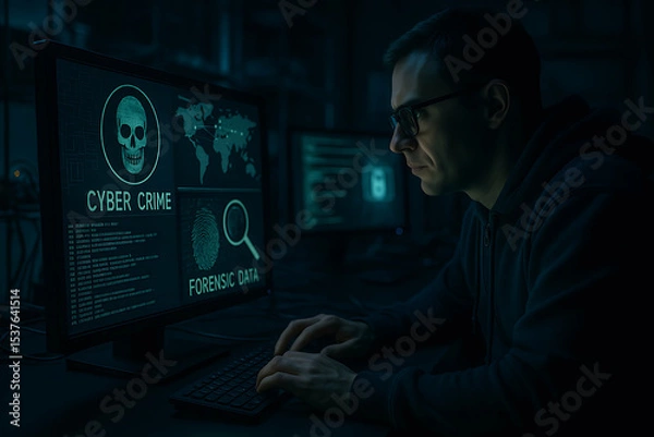 Obraz Cyber Security Solutions. A man in glasses works on a computer in a dark room, analyzing cyber crime and forensic data on a screen.