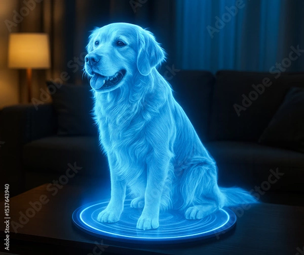 Fototapeta Holographic projection of a golden retriever sitting on a table in a living room