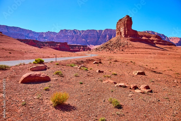Fototapeta Cathedral Rock Butte Red Desert Road Motion Eye Level Perspective