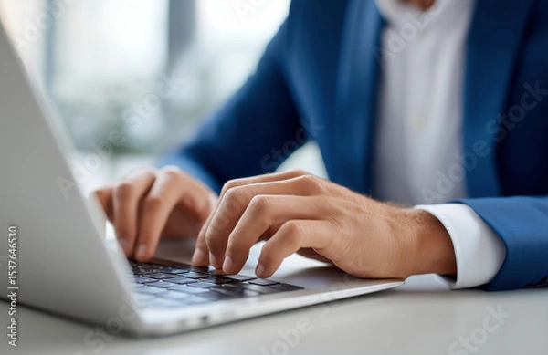 Obraz Male professional in a formal suit using a laptop at the office, symbolizing business communication, digital productivity, and modern workplace efficiency.