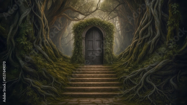 Obraz A stone staircase leads to an arched, dark wooden door concealed within an overgrown, mystical forest.  Ancient trees and moss-covered roots surround the entrance, hinting at hidden secrets.