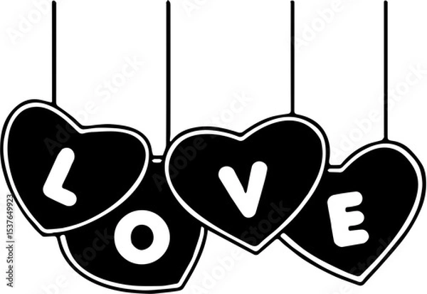 Obraz Hanging heart labels on transparent background with the word love written on it. Decoration for a wedding or valentine's dayoveTranspWhite,A black heart hanging from a string with the word love writte