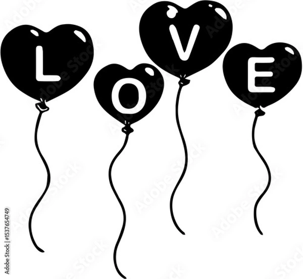 Obraz A modern heart-shaped balloon is depicted in black silhouette, set against a simple white background with a contemporary icon design,black and white balloons shape heart vector illustration