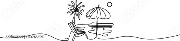 Fototapeta Beach chair on a palm beach one line . Chaise lounge chair for a beach one continuous line drawing. Ocean beach with umbrella landscape.  Holiday and summer vacation concept.