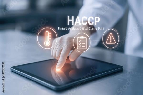 Fototapeta HACCP hazard analysis critical control point concept with hand touching digital tablet for food safety and quality management system in industry